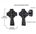 Black-plated Celtic knot cross stud earrings with post backs, size labeled