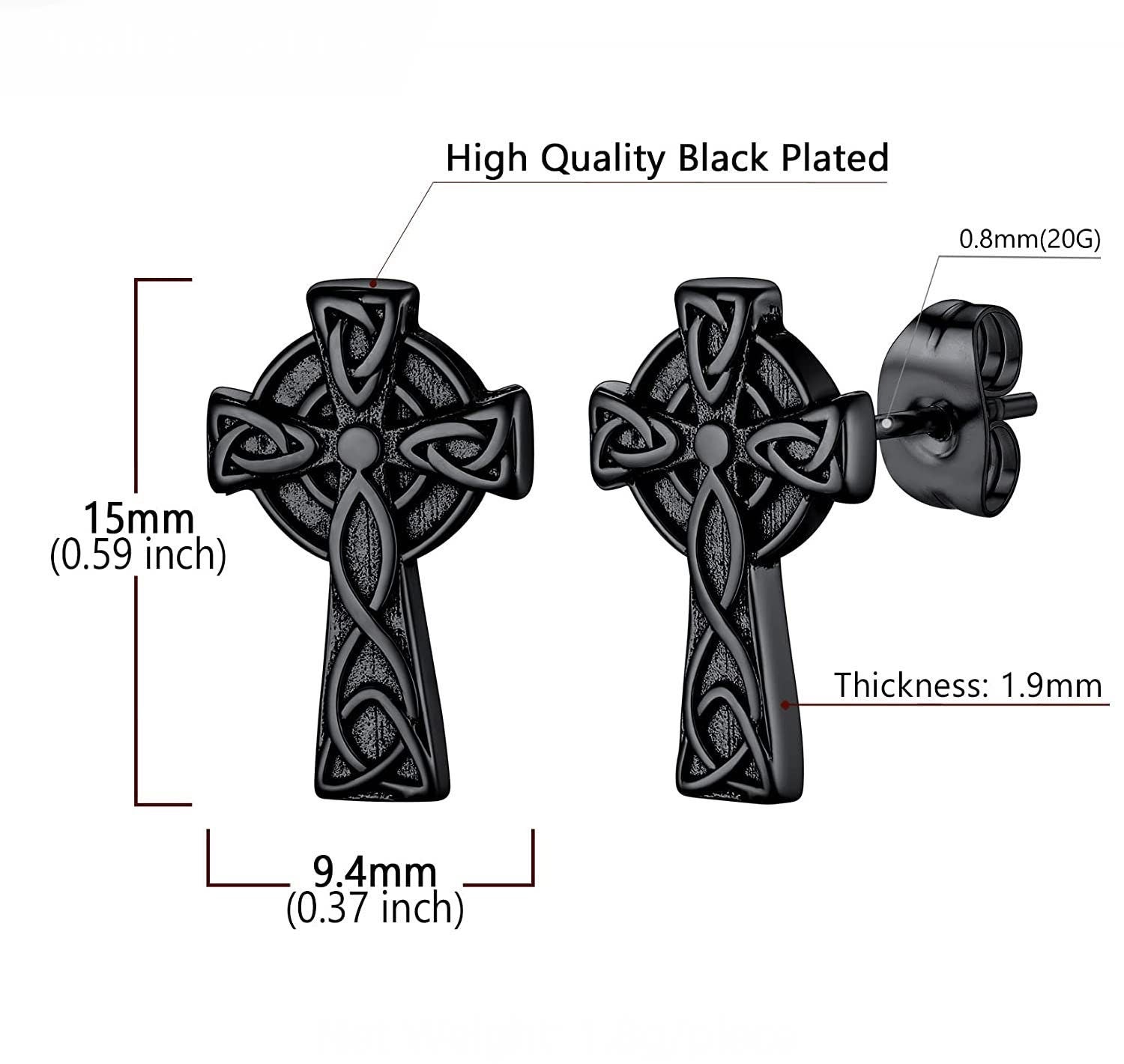 Black-plated Celtic knot cross stud earrings with post backs, size labeled