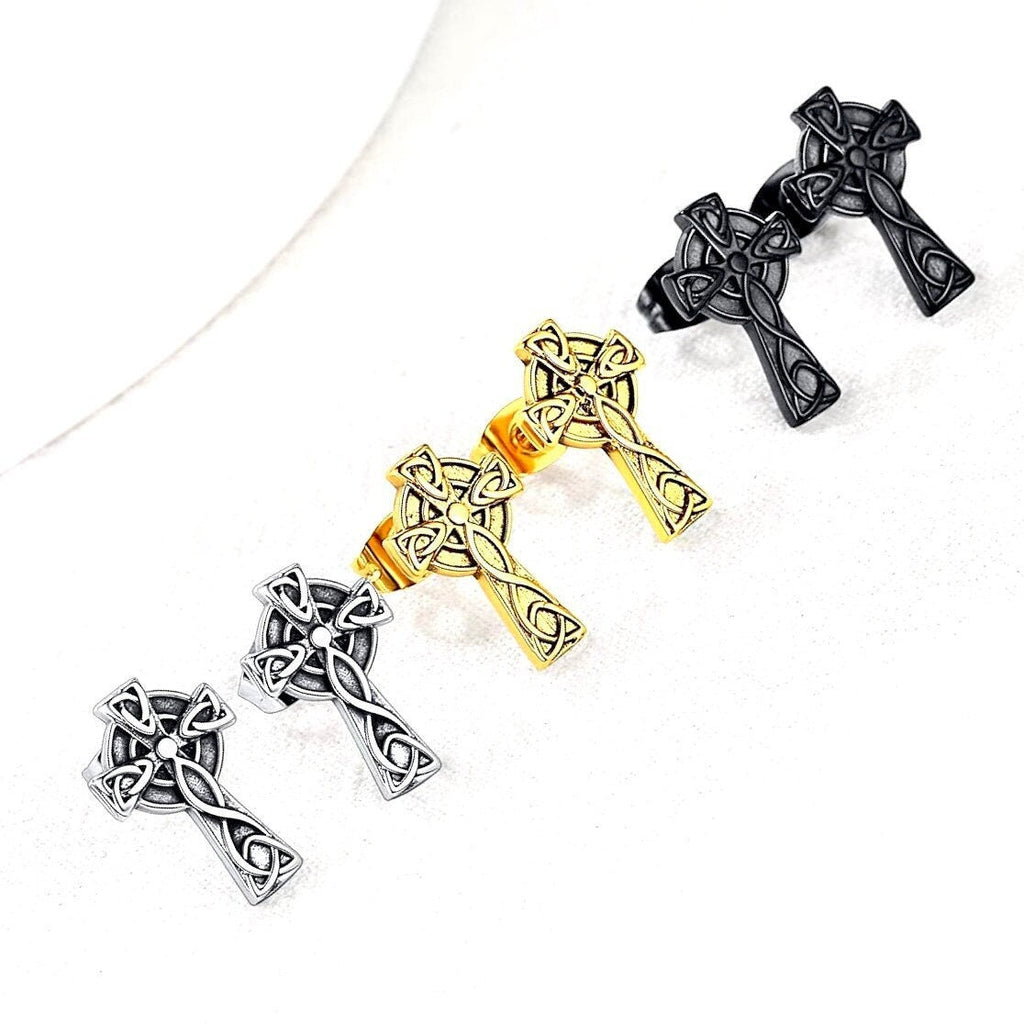 Celtic knot cross stud earrings with black and gold detailing, metal post backs