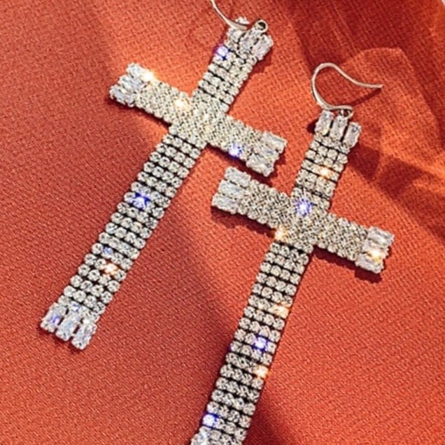 Rhinestone cross dangle earrings, dangling cross with silver-tone fishhook backs