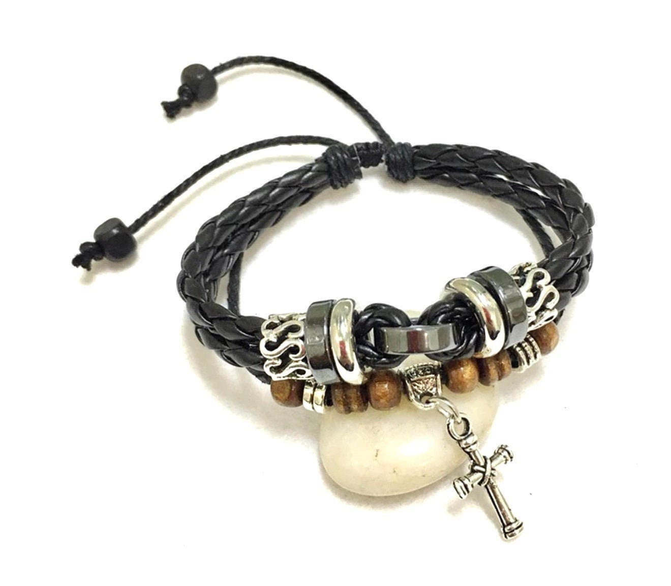 Black braided leather 3-wrap bracelet with silver beads and cross charm on chain