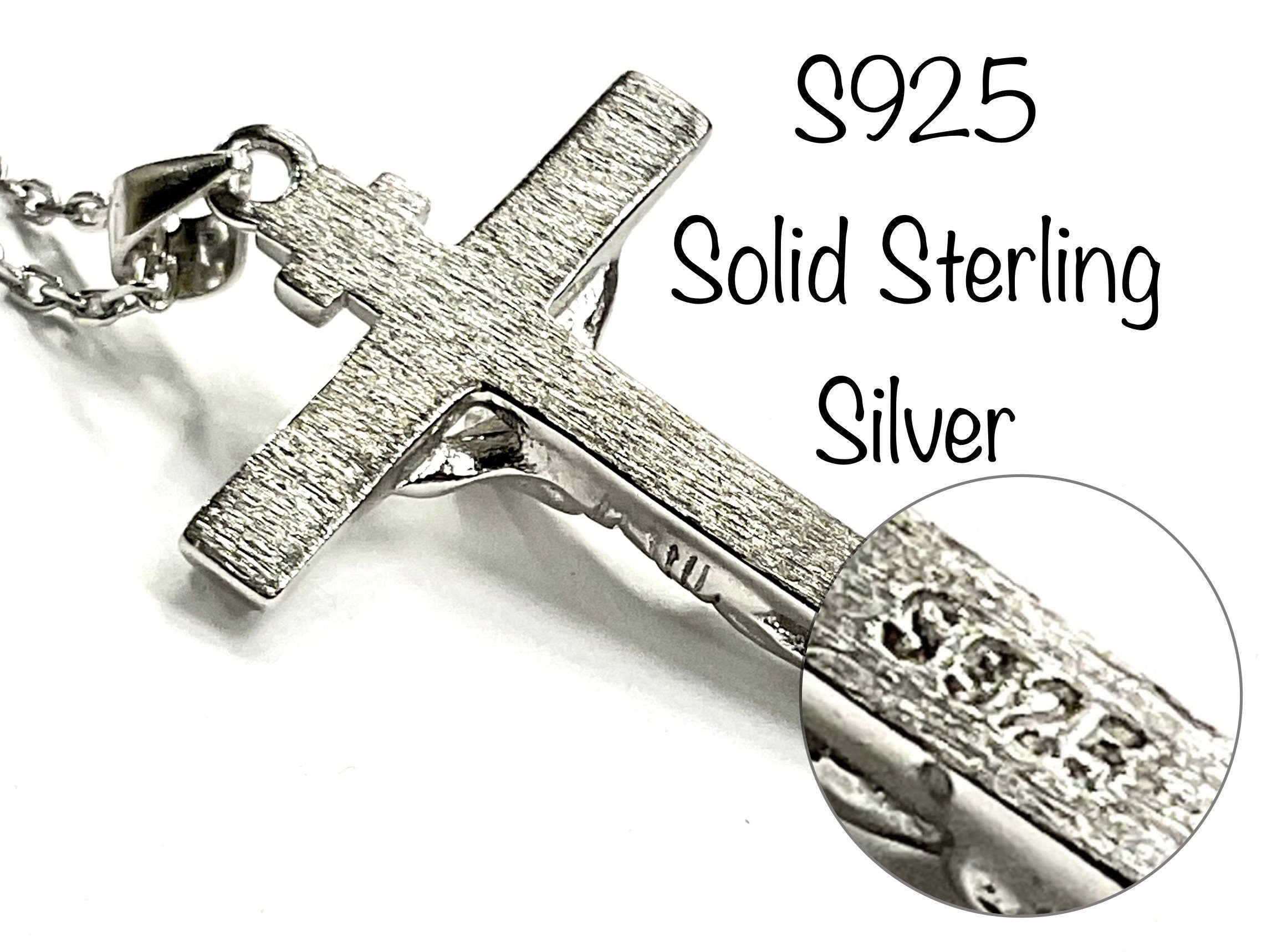 S925 sterling silver crucifix pendant with Jesus figure, side view