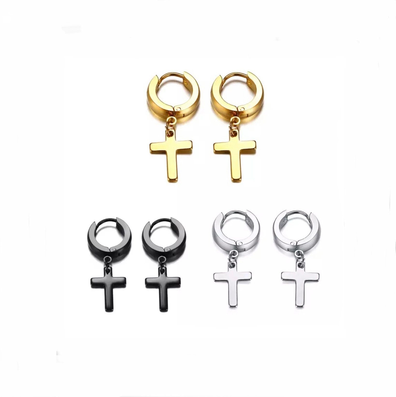 Cross dangle hoop earrings set in gold, silver, and black with hanging cross charms