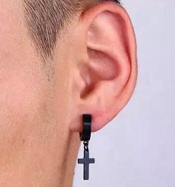 Men's cross dangle earrings with black lever back and dangling black cross
