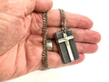 Stainless steel cross dog tag necklace with textured pendant and curb chain