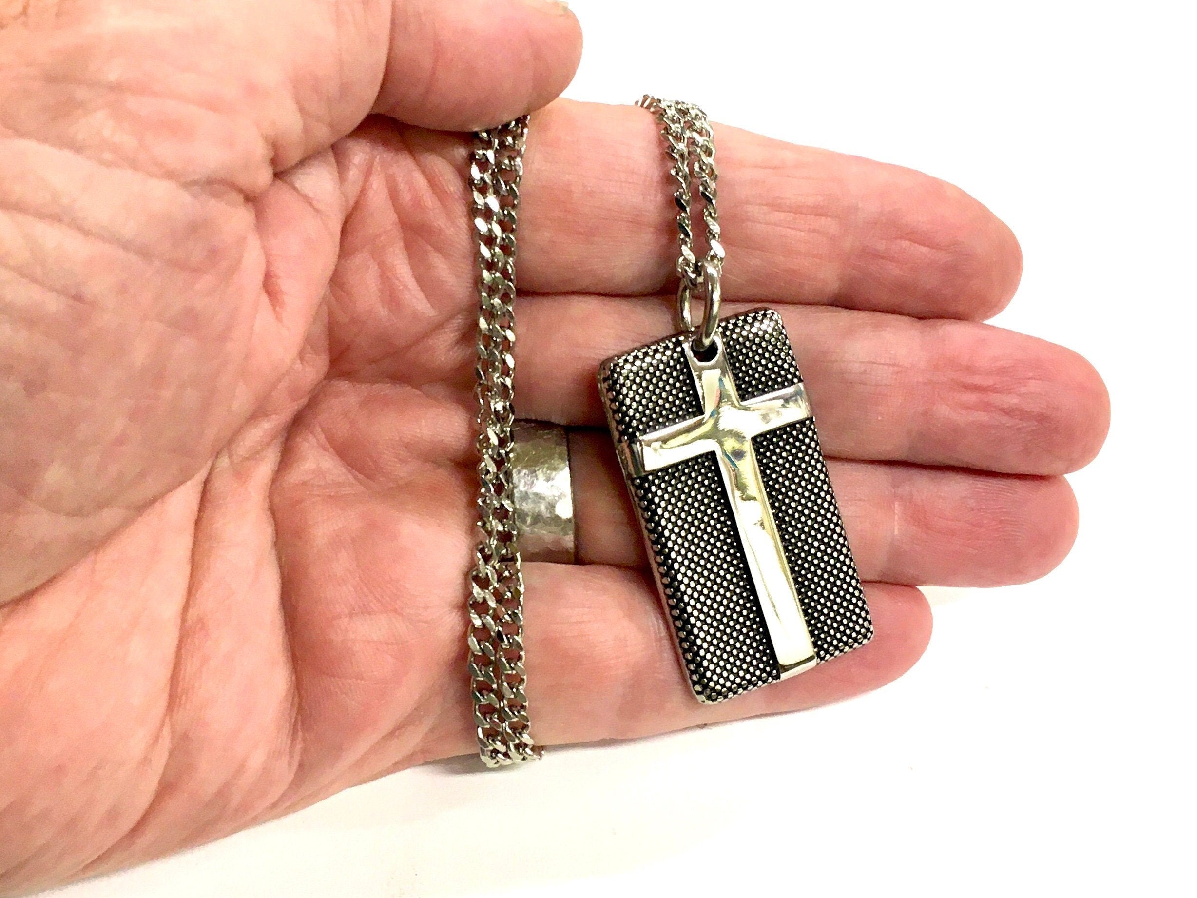 Stainless steel cross dog tag necklace with textured pendant and curb chain