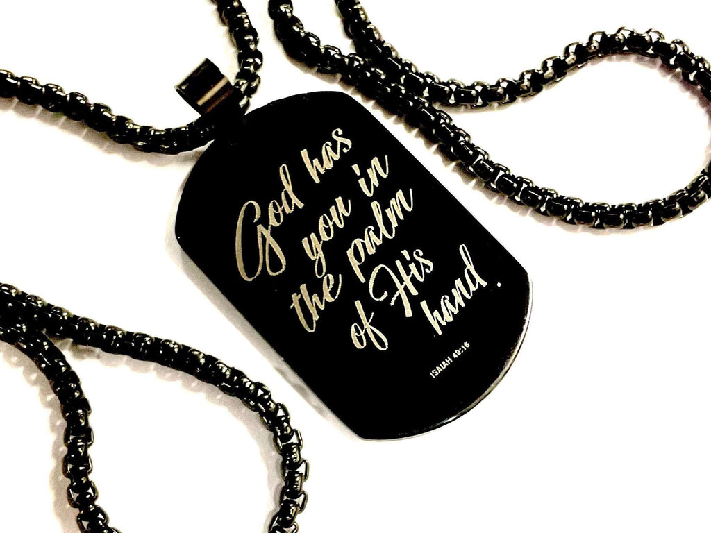 Black stainless steel dog tag necklace with gold-script Bible verse on box chain