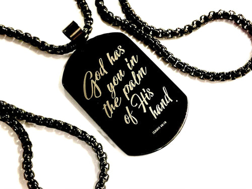 Black stainless steel dog tag necklace with gold-script Bible verse on box chain