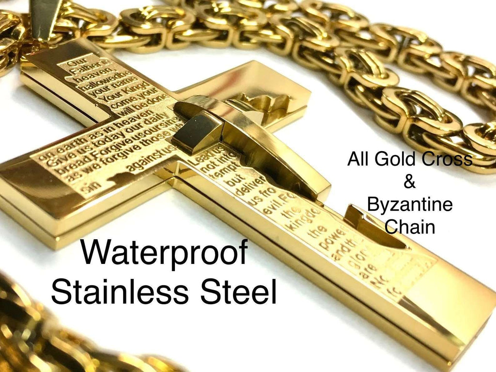 Gold crucifix cross pendant with engraved prayer text on Byzantine chain