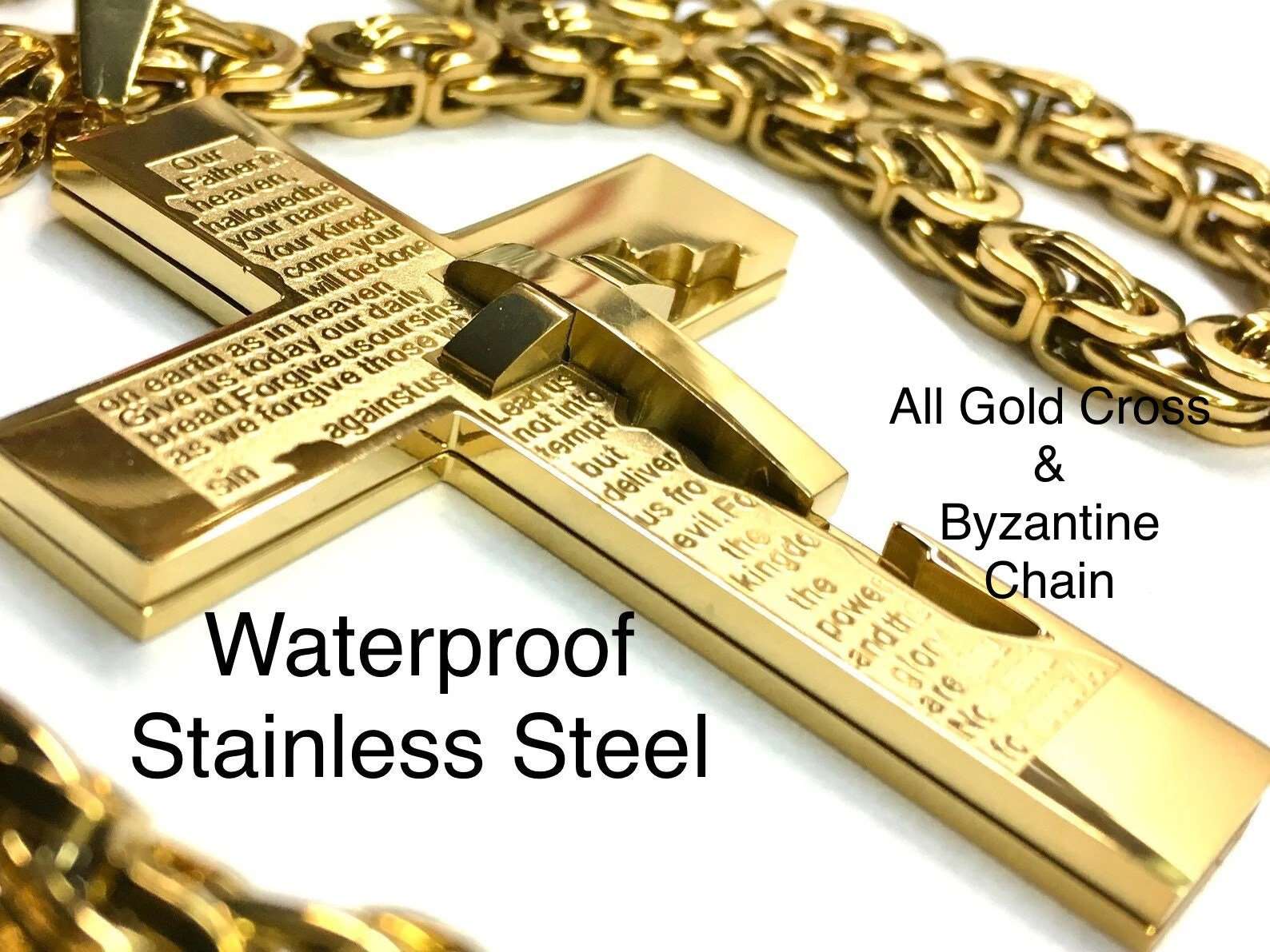 Gold crucifix cross pendant with engraved prayer text on Byzantine chain
