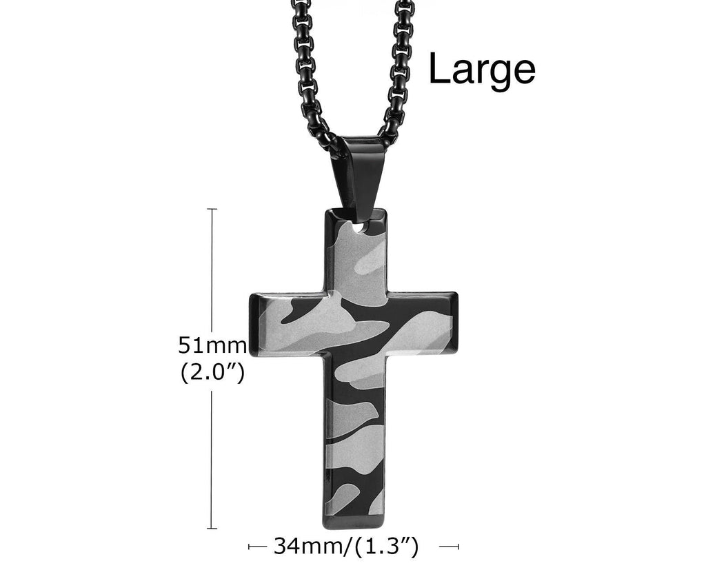 Large camouflage cross pendant: 51mm x 34mm on black chain