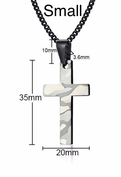 Small camouflage cross pendant: 35mm x 20mm on black chain