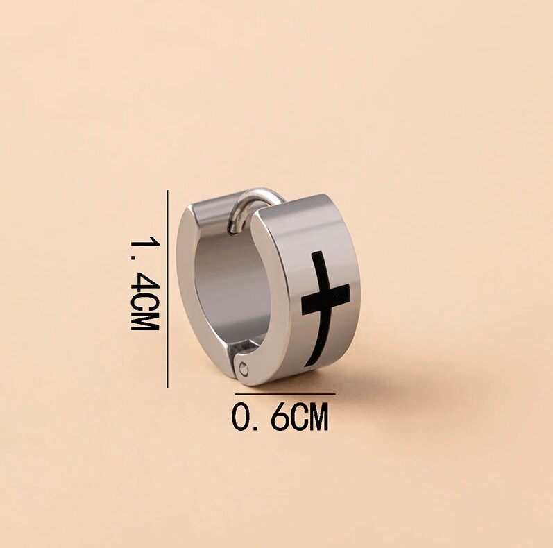 Cross hoop huggie earring, clam closure, 1.4 cm size marking