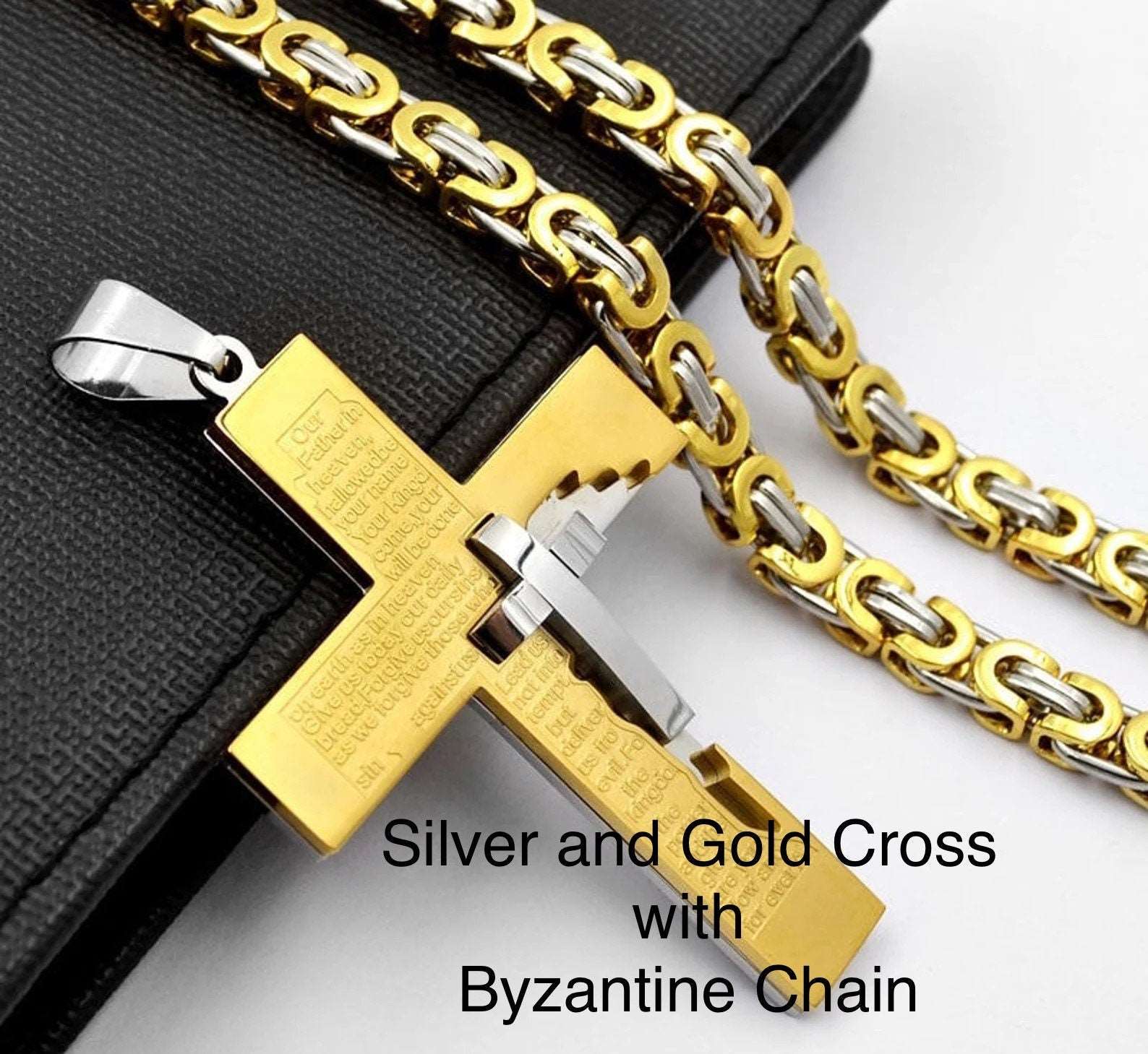 Silver and gold crucifix cross pendant with engraved prayer text and Byzantine chain