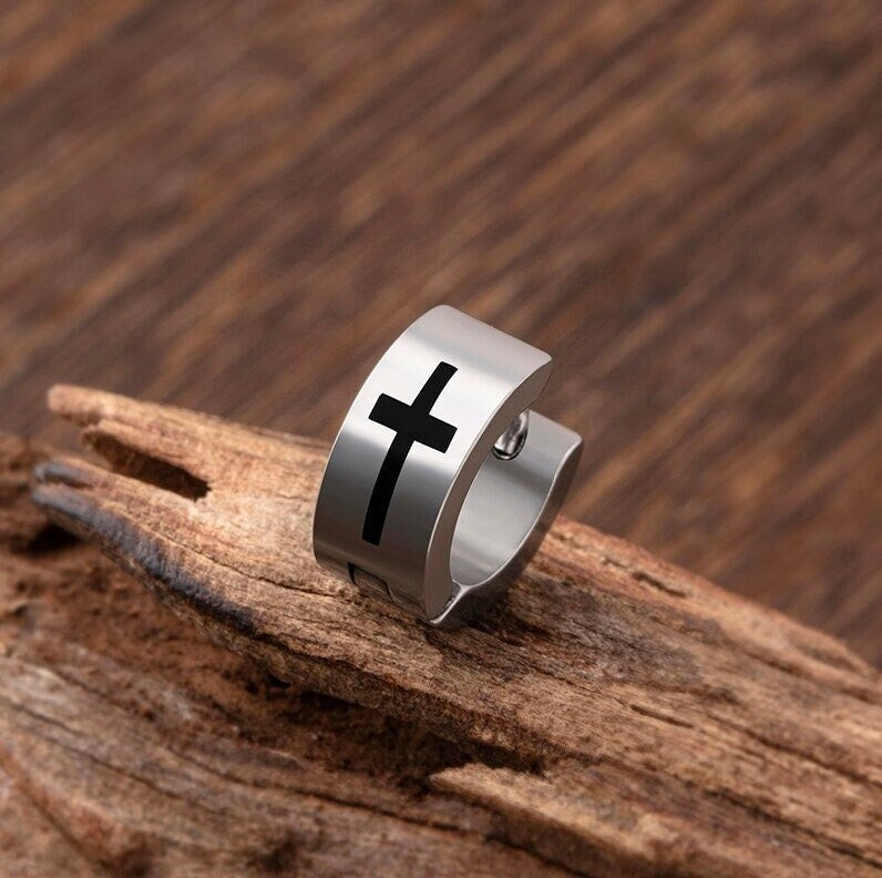 Cross hoop huggie earring with black cross emblem, clam hinge, stainless steel