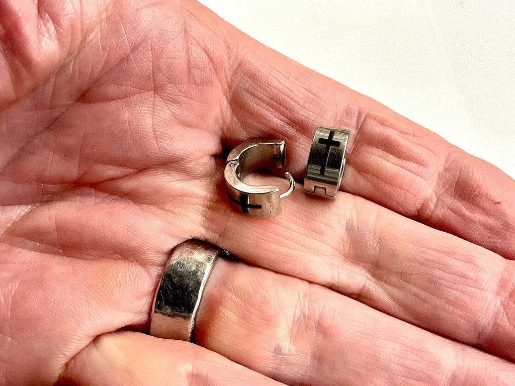 Cross hoop huggie earrings with black inlay and clam closure, stainless steel