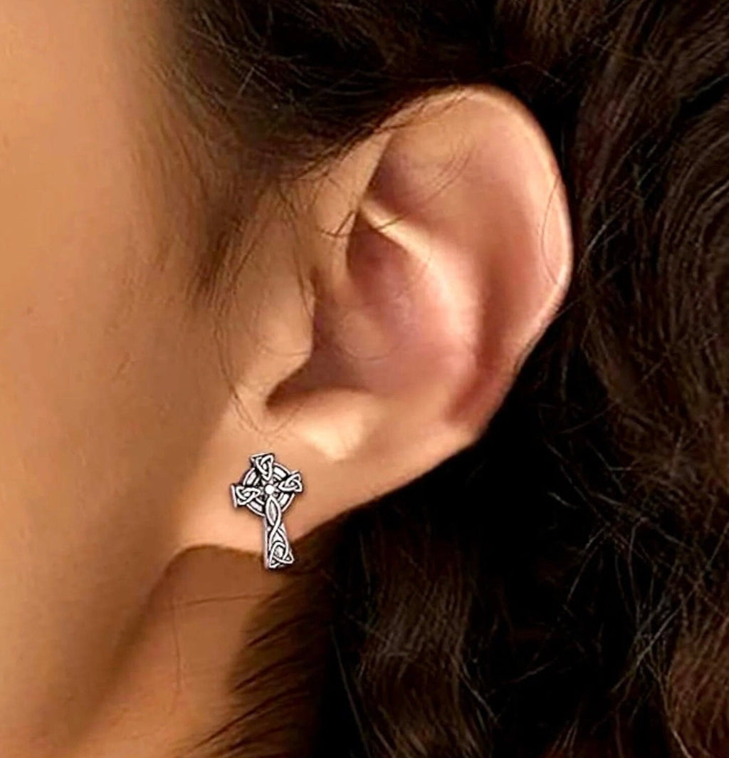 Celtic knot cross stud earring with silver-tone patterned cross and post