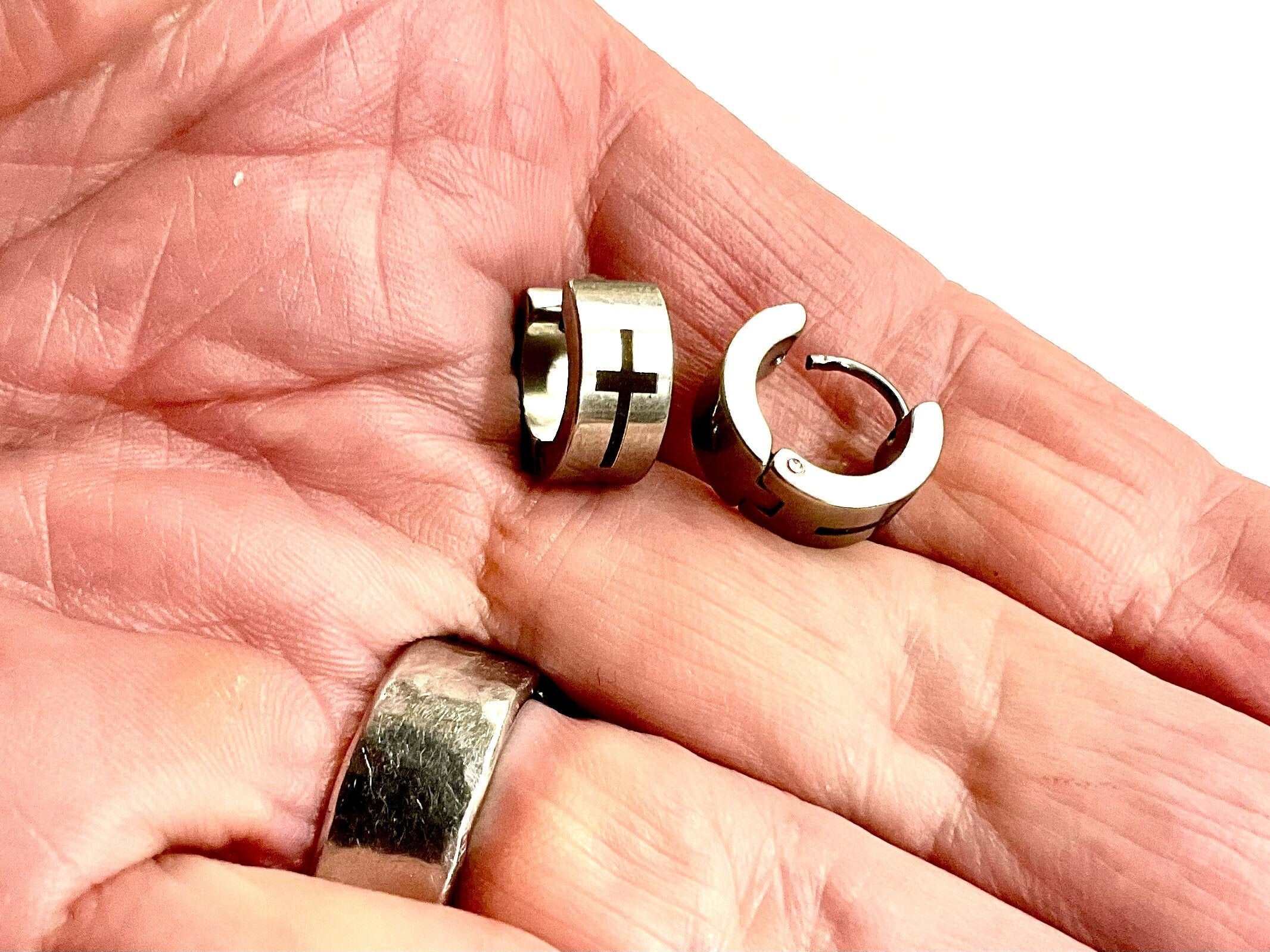 Cross hoop huggie earrings with black inlay and clam closure, stainless steel