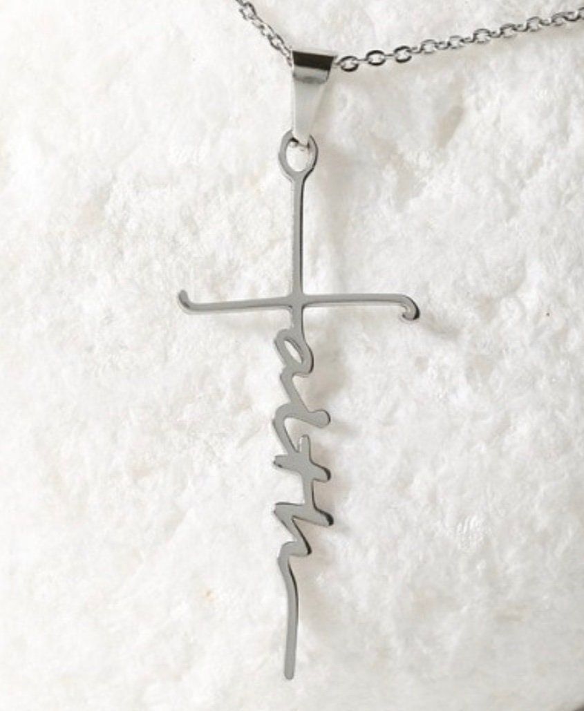 Silver cross pendant necklace with hanging vertical script bar