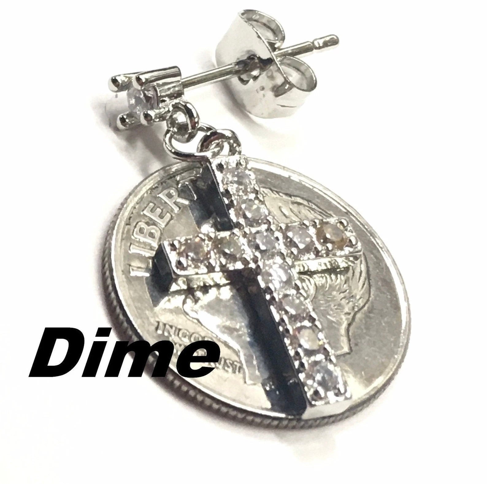 Silver CZ cross drop earrings with hoop-like stud backs and dangling cross