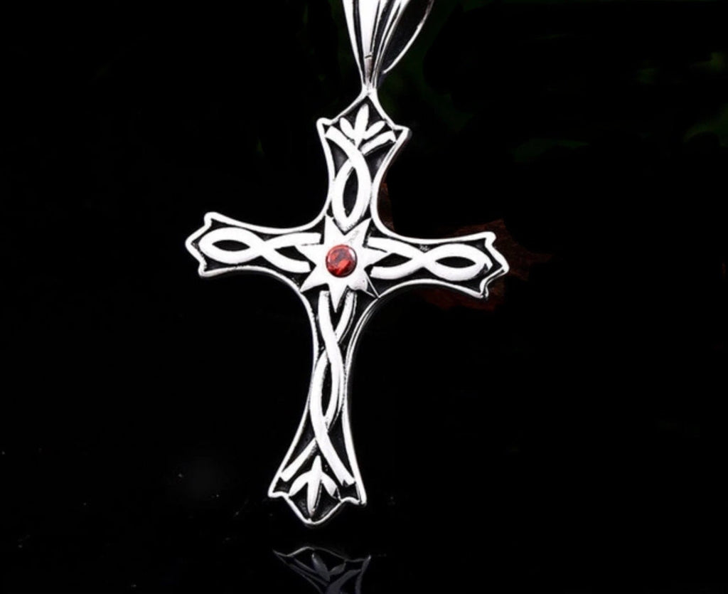 Silver Cross crucifix pendant necklace with red stone, Celtic knot cross in silver tone