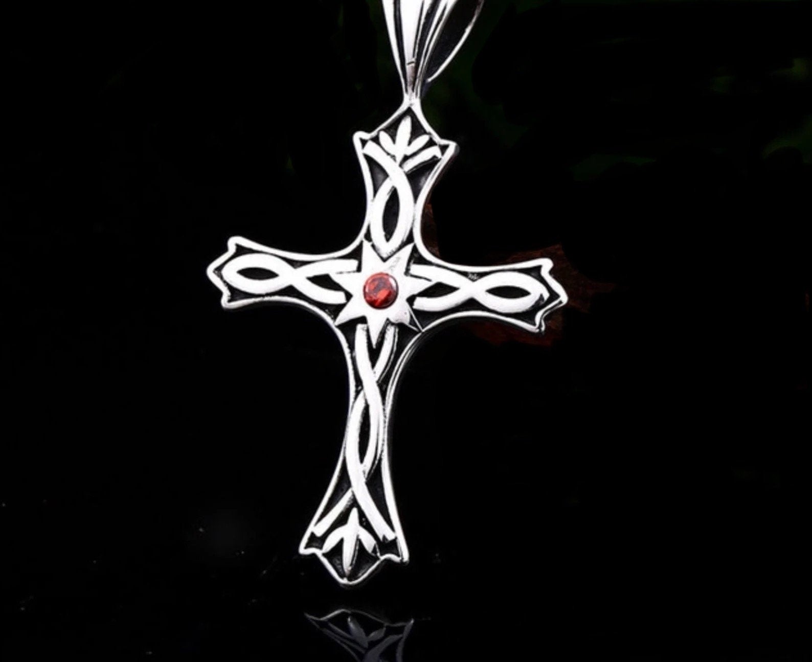 Silver Cross crucifix pendant necklace with red stone, Celtic knot cross in silver tone