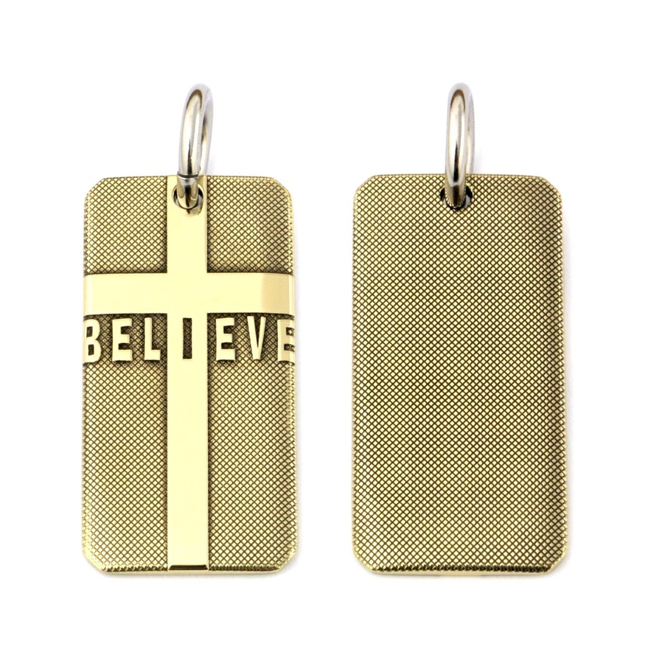 Gold-tone dog tag cross pendant pair: front shows cross with 'BELIEVE' text