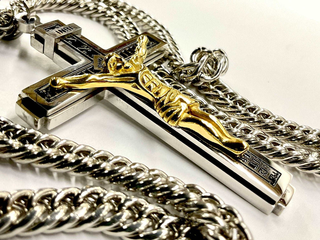 Crucifix cross pendant with gold Jesus on black enamel, silver curb chain links