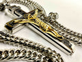 Crucifix cross pendant with gold Jesus on black enamel, silver curb chain links