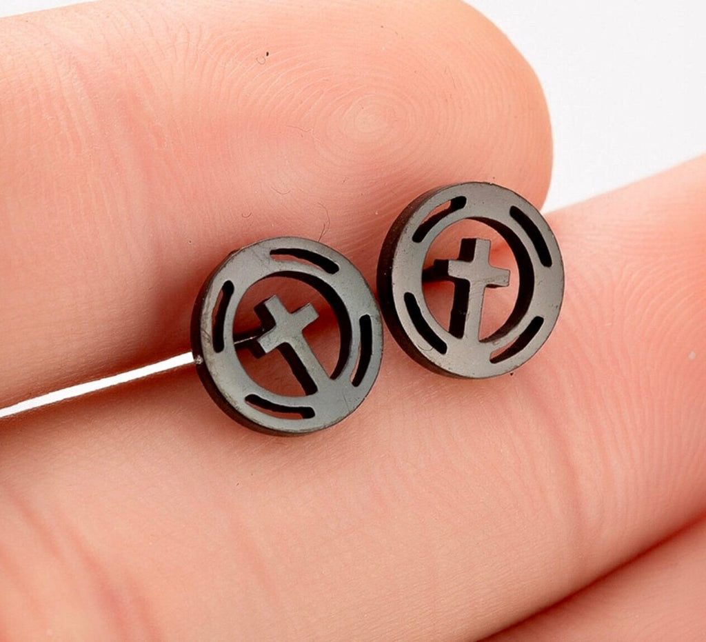 Round cross stud earrings with black and silver circle design, metal posts