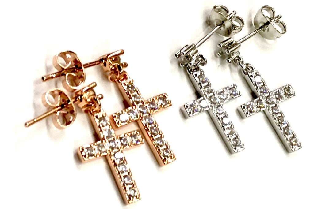Rose gold CZ cross drop earrings with stud backs and sparkling square-cut stones