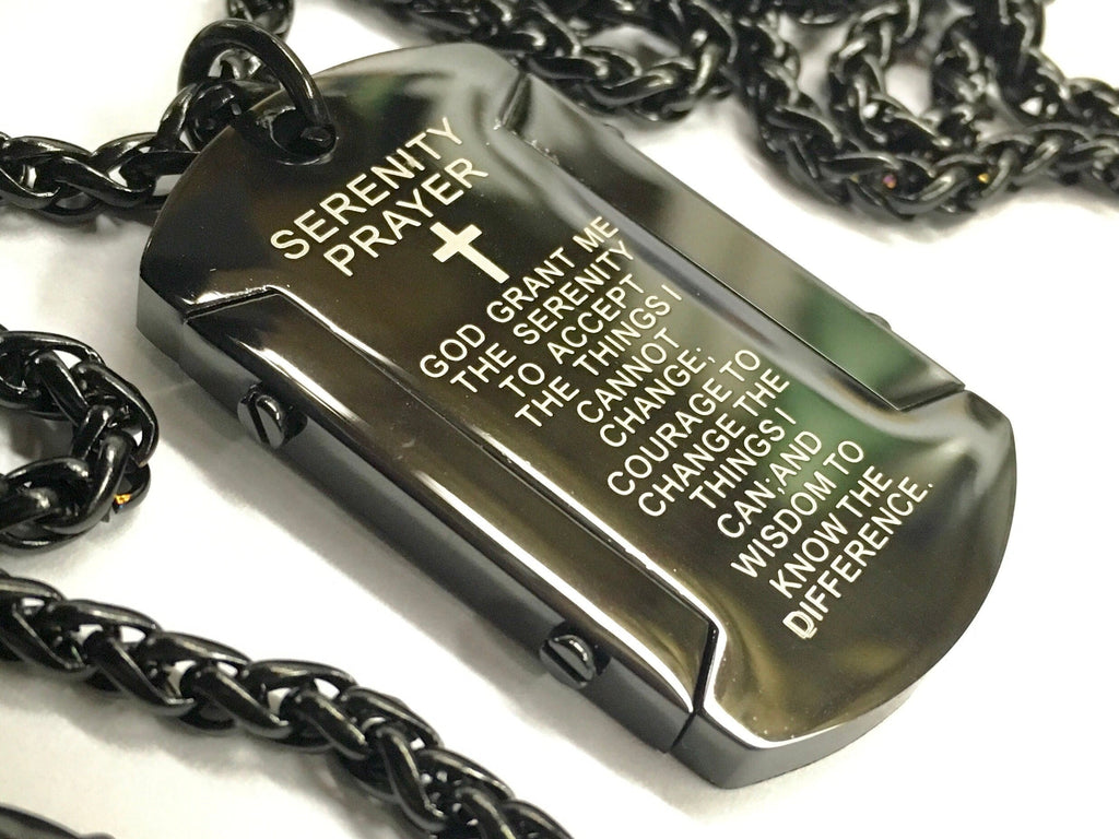 Black serenity prayer dog tag necklace pendant with cross and engraved scripture