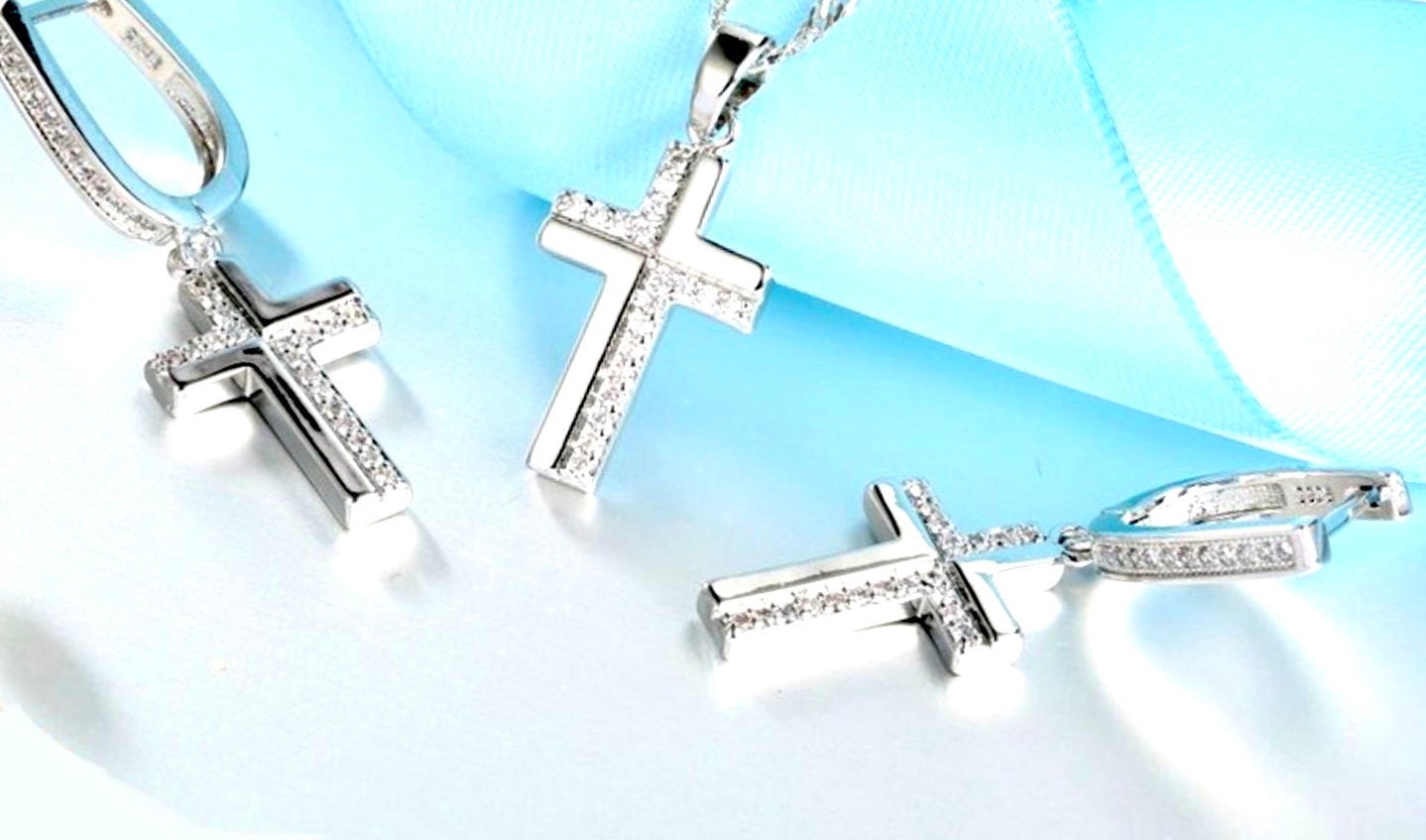 Cross pendant necklace and cross earrings in silver with zircon pavé