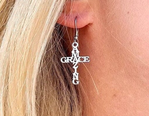 Silver drop earrings with cross and GRACE text pendant, French hook backing