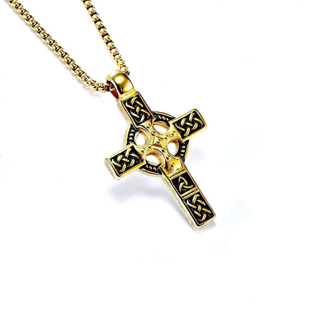 Gold Celtic cross pendant necklace with braided link chain and knotwork engraving