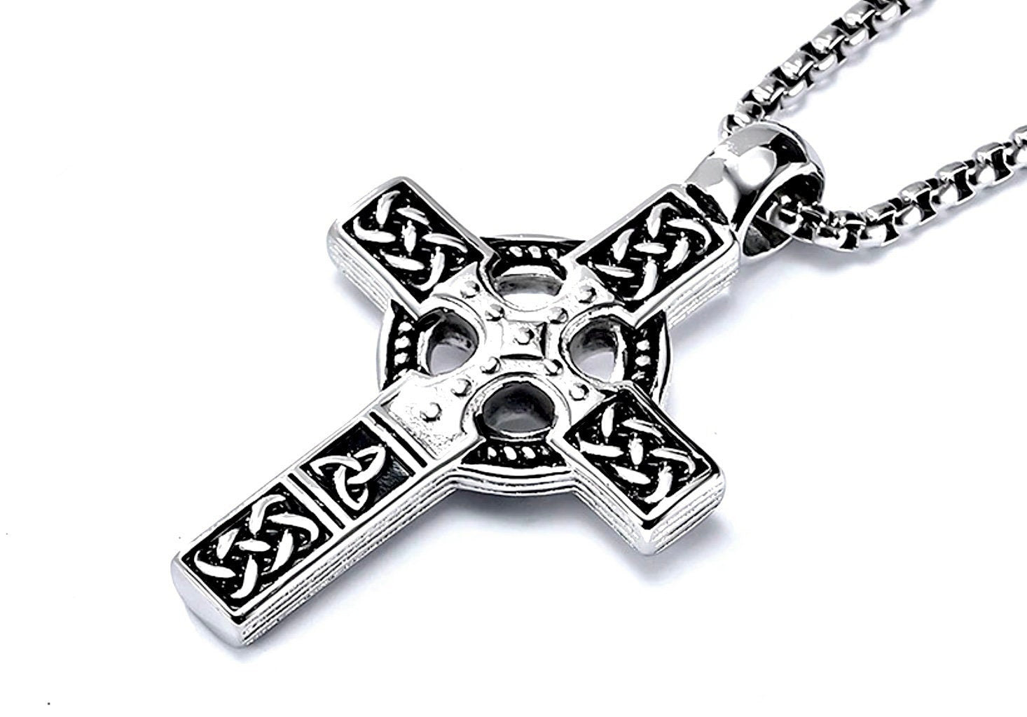 Silver Celtic cross pendant necklace with braided link chain and knotwork engraving