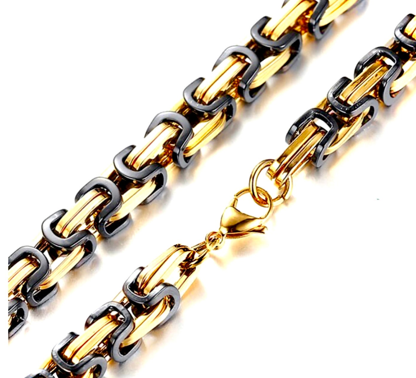 Gold-tone and silver-tone metal chain links with clasp ring