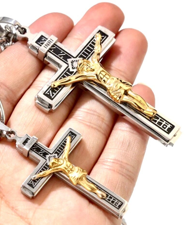 Gothic crucifix cross necklace with gold Jesus figure and silver INRI panel, curb chain