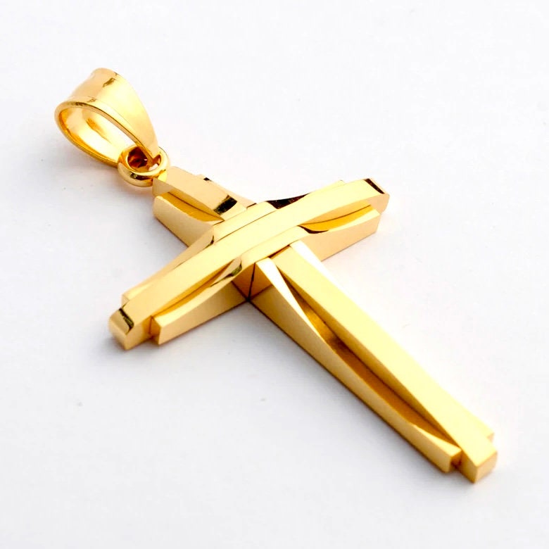 Gold cross pendant necklace with geometric crucifix design, stainless steel