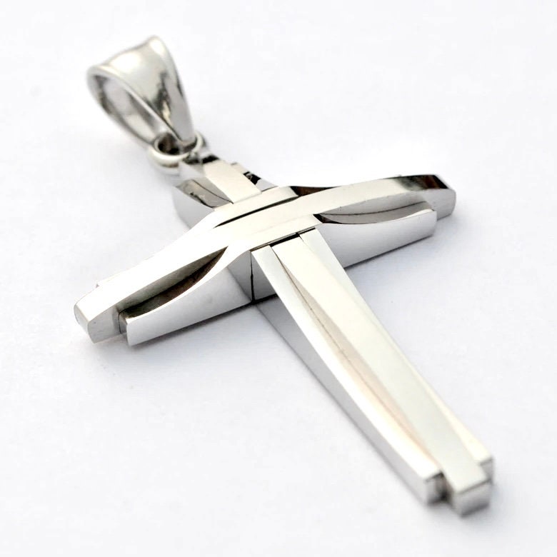 Silver cross pendant necklace with geometric crucifix design, stainless steel