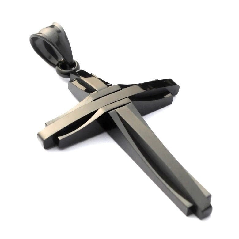 Black cross pendant necklace with geometric crucifix design, stainless steel