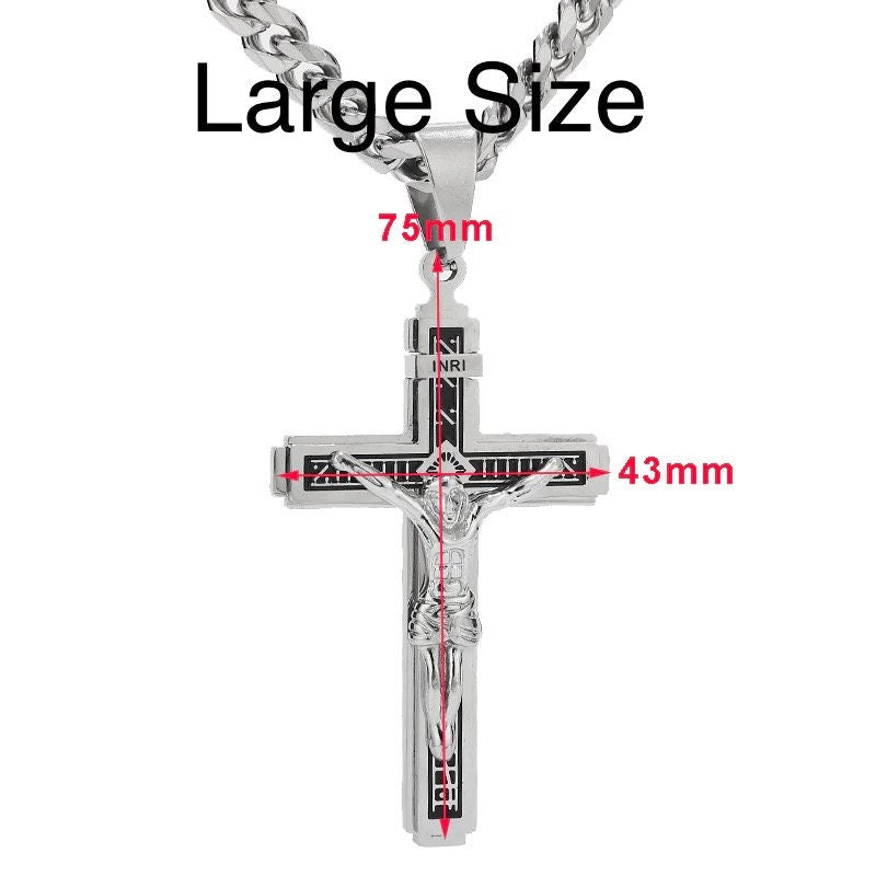 Silver large crucifix cross pendant necklace with INRI placard and Jesus, curb chain