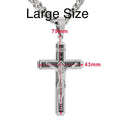 Silver large crucifix cross pendant necklace with INRI placard and Jesus, curb chain