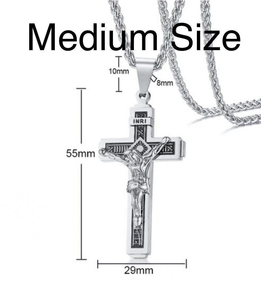 Silver medium crucifix cross pendant necklace with Jesus figure and INRI, curb chain