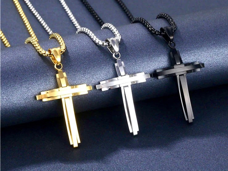 Cross pendant necklaces on black, silver, and gold chains, geometric crucifix pendants