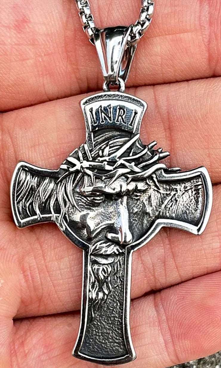 Silver crucifix necklace pendant with INRI plaque, Jesus face and crown of thorns