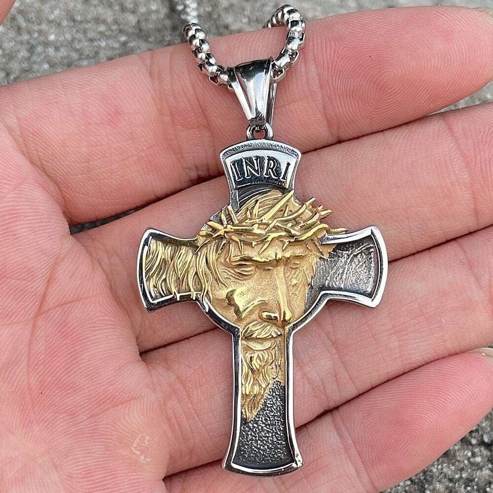 Silver and gold crucifix necklace pendant with INRI plaque and crown of thorns