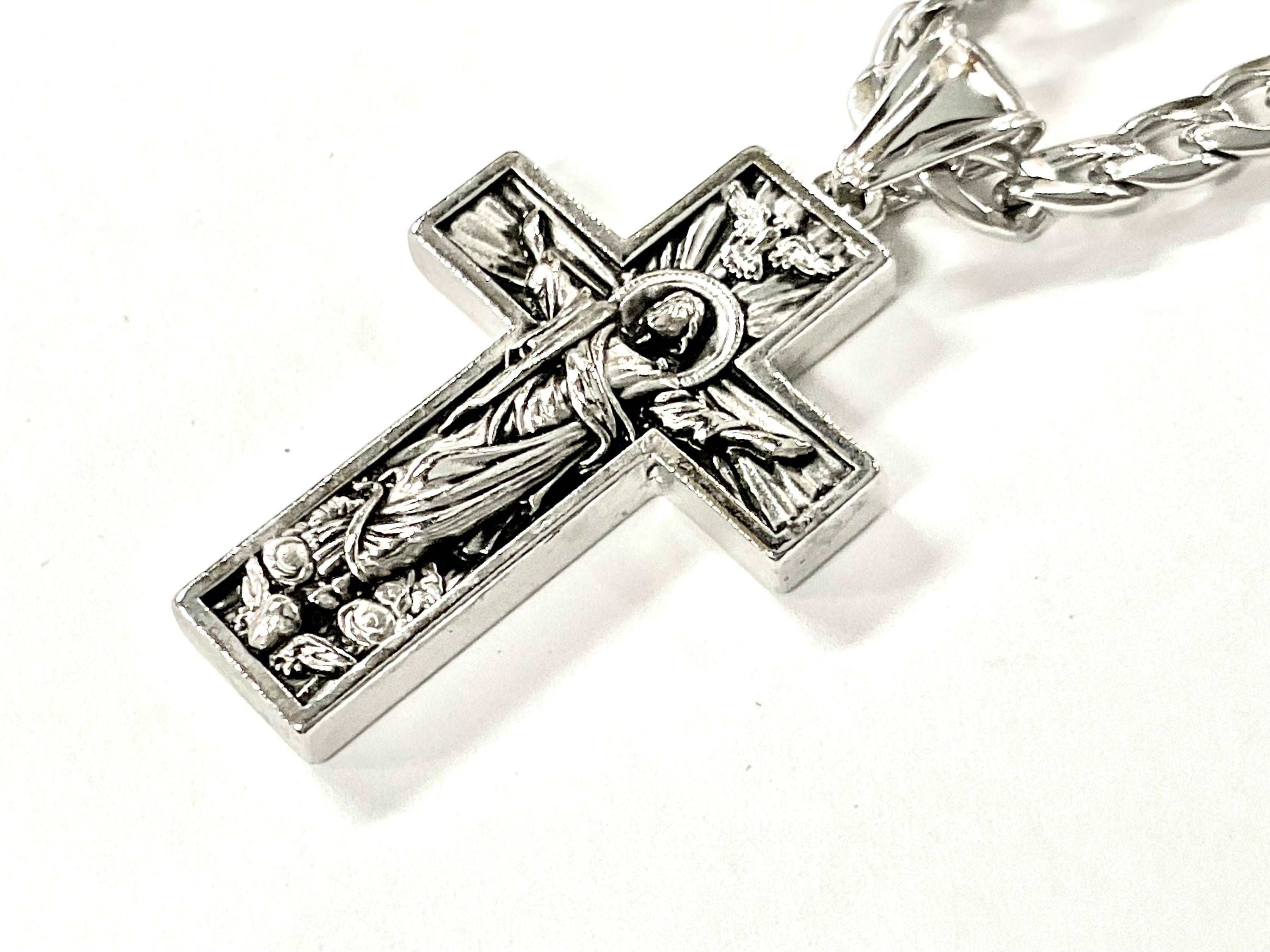 Antiqued silver crucifix pendant with Jesus figure, on a box chain