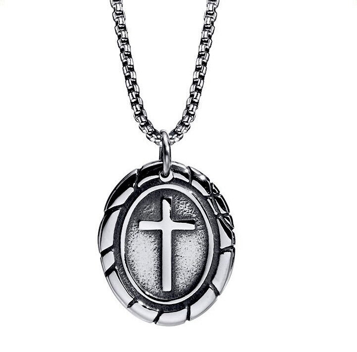 Silver-tone oval cross pendant on box chain with round outer ring detail