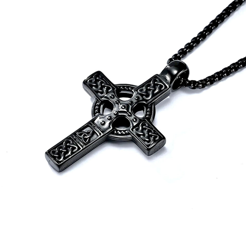 Black Celtic cross pendant necklace with braided link chain and knotwork engraving